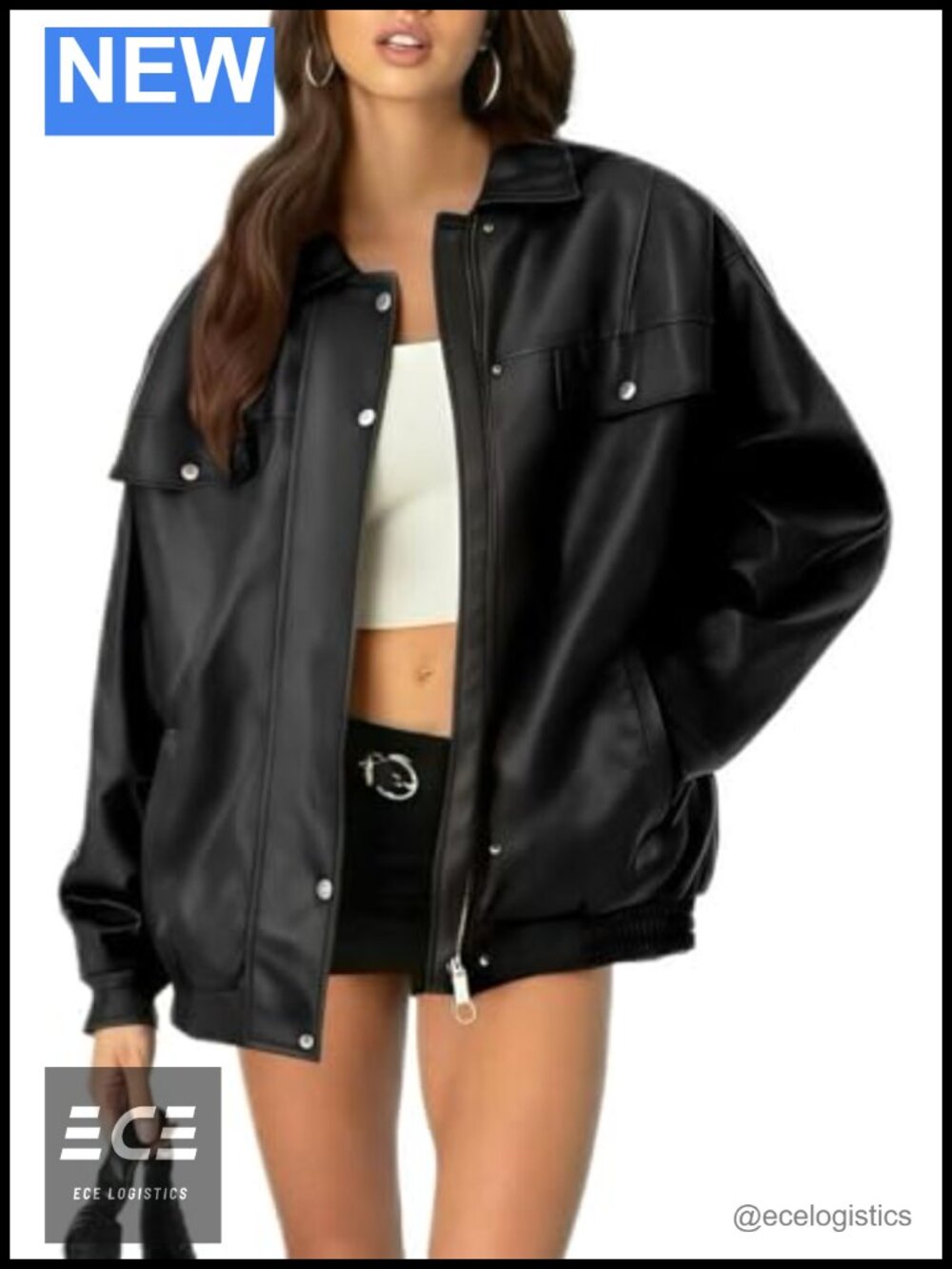 Oversized Faux Leather Jacket PU Vintage Zip Up Motorcycle Coat